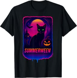 Retro Black Cat Synthwave Neon Spooky Goth Cute Art T-Shirt